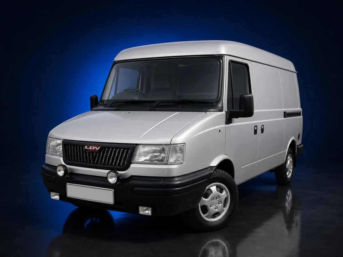 Silver LDV Pilot 200-series high-roof panel van on a deep navy and cobalt studio background.