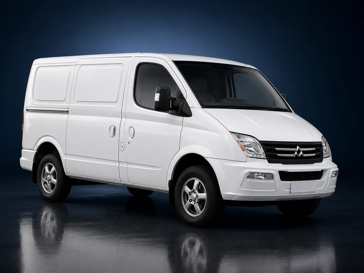 White first-generation LDV V80 SWB five-door panel van on a deep navy and cobalt studio background.