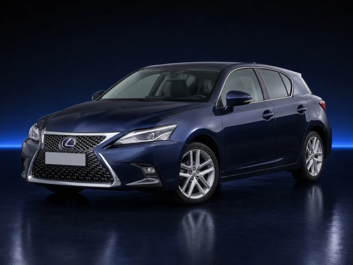 Dark blue Lexus CT ZWA10 hatchback on a deep navy and cobalt studio background.