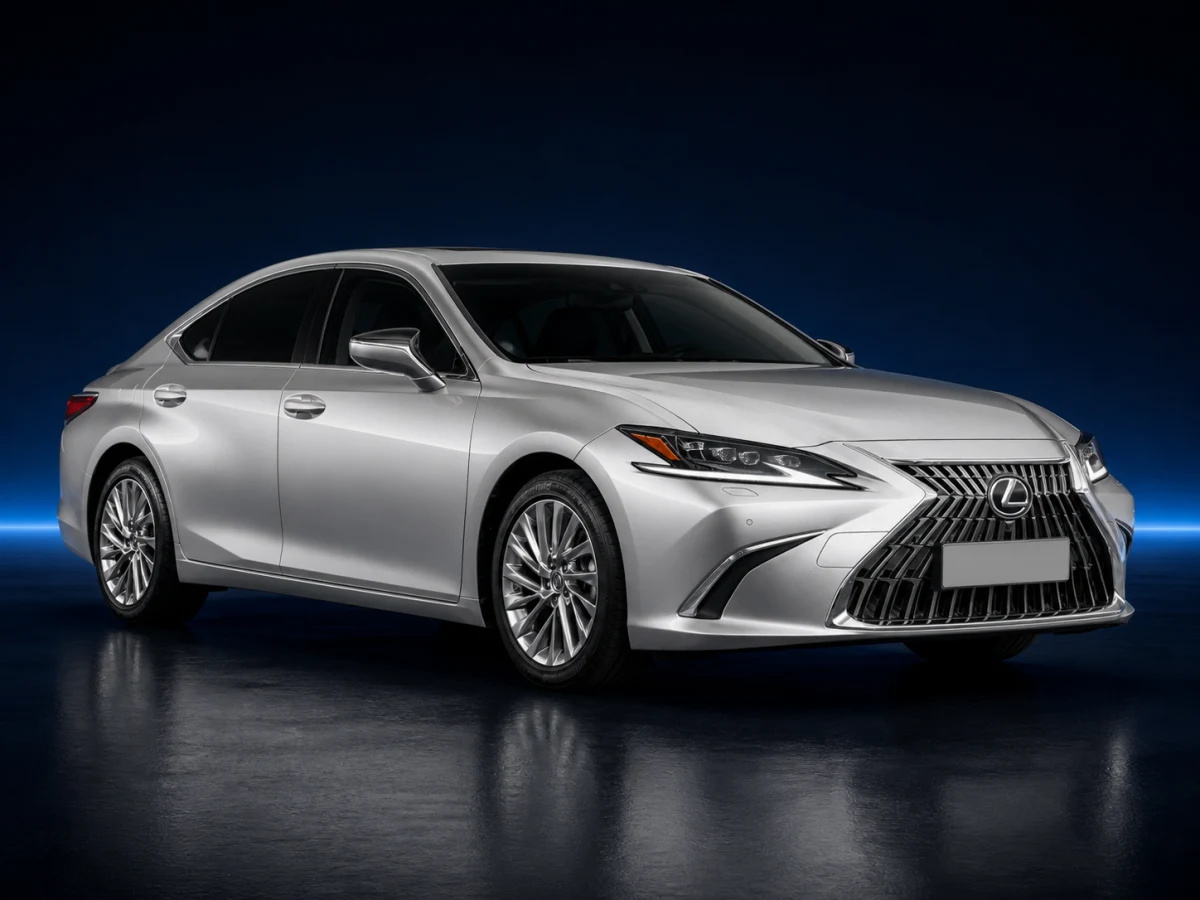 Silver Lexus ES XZ10 saloon on a deep navy and cobalt studio background.