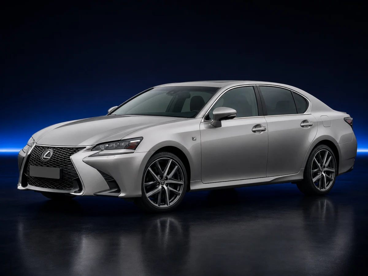 Silver Lexus GS L10 saloon on a deep navy and cobalt studio background.