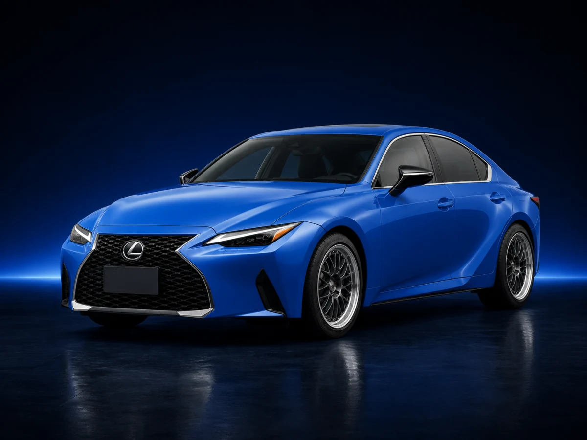 Blue Lexus IS XE30 saloon on a deep navy and cobalt studio background.