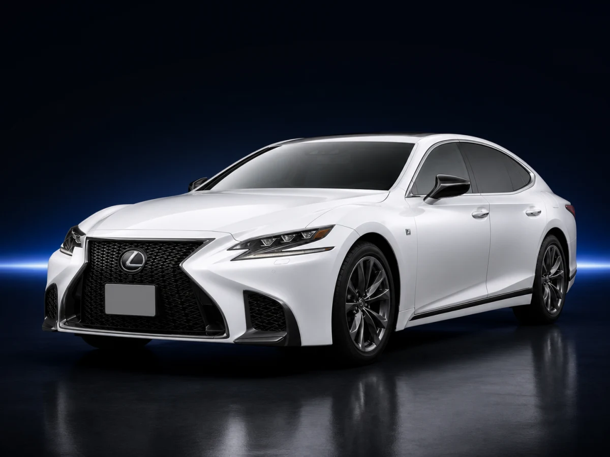 White Lexus LS XF50 saloon on a deep navy and cobalt studio background.