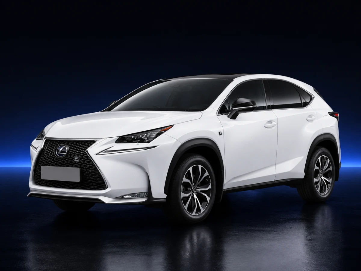 White Lexus NX AZ10 on a deep navy and cobalt studio background.