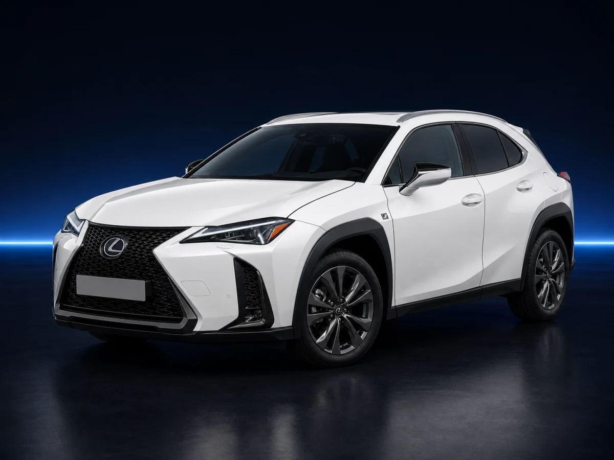 White Lexus UX ZA10 on a deep navy and cobalt studio background.