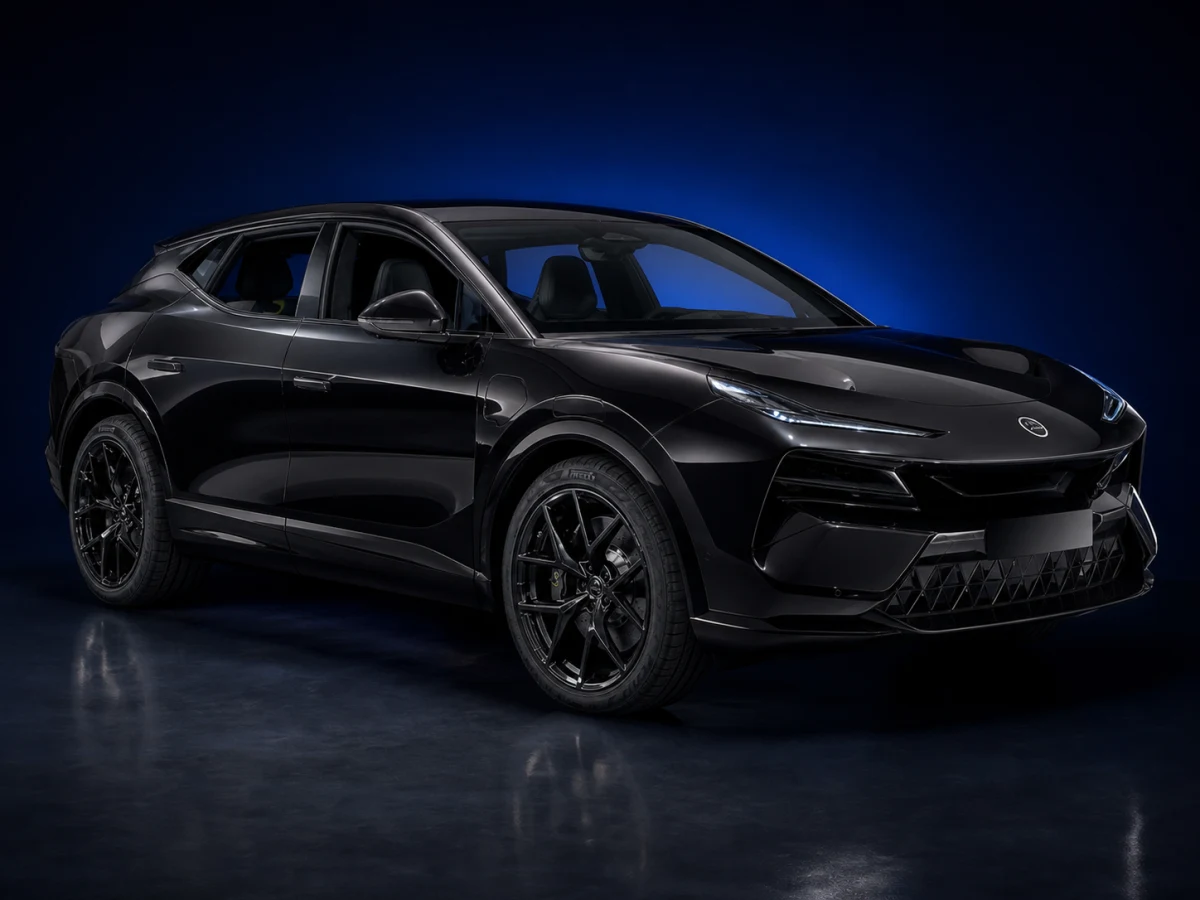 Black Lotus Eletre Type 132 SUV on a deep navy and cobalt studio background.