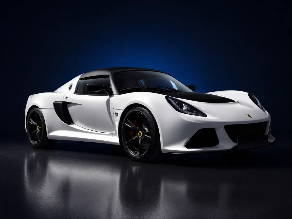 White Lotus Exige Series 3 Sport 350 coupé on a deep navy and cobalt studio background.
