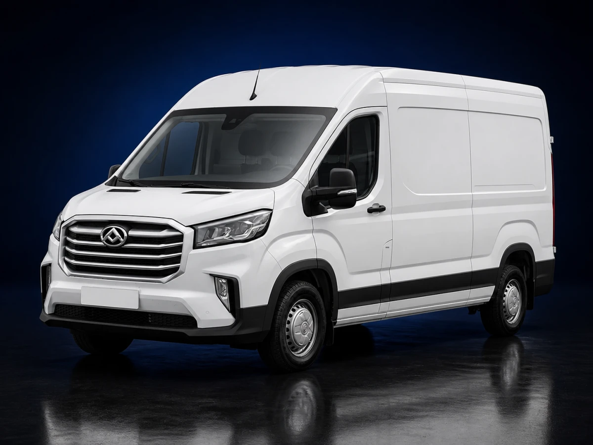 White first-generation Maxus Deliver 9 panel van on a deep navy and cobalt studio background.