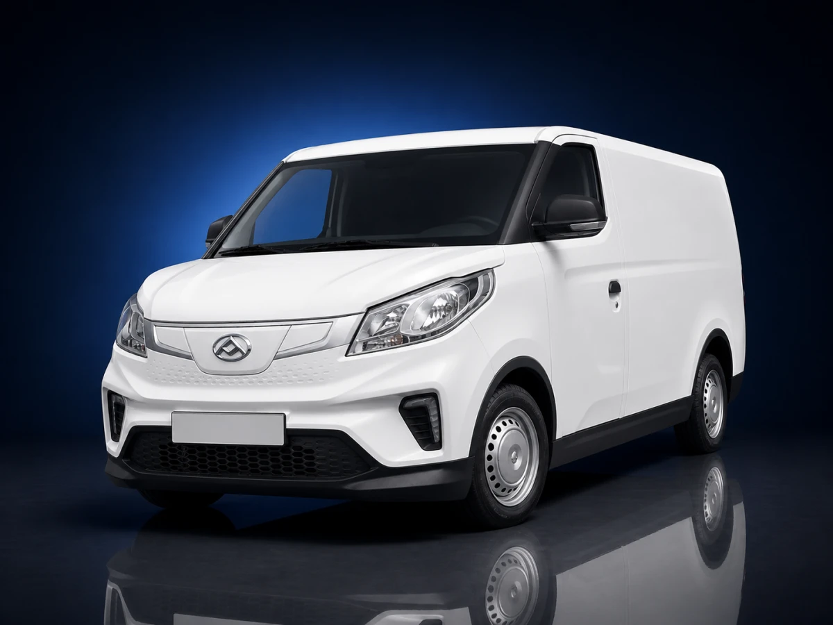 White first-generation Maxus eDeliver 3 electric panel van on a deep navy and cobalt studio background.