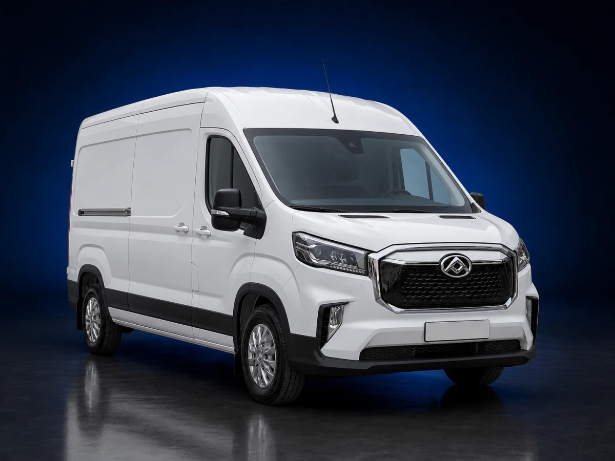 White first-generation Maxus eDeliver 9 electric high-roof panel van on a deep navy and cobalt studio background.