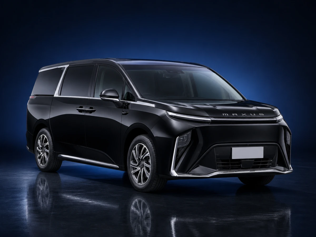 Black first-generation Maxus Mifa 9 electric MPV on a deep navy and cobalt studio background.