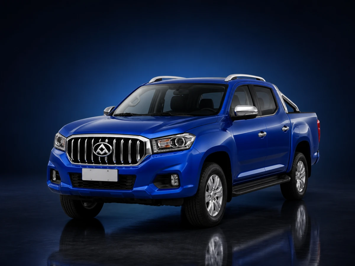 Blue first-generation Maxus T60 double-cab pickup on a deep navy and cobalt studio background.