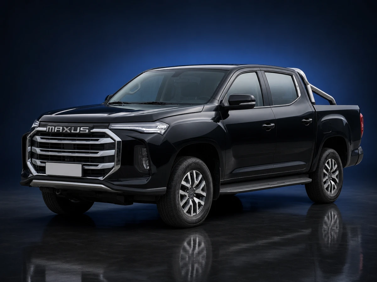 Black first-generation Maxus T90 EV double-cab pickup on a deep navy and cobalt studio background.