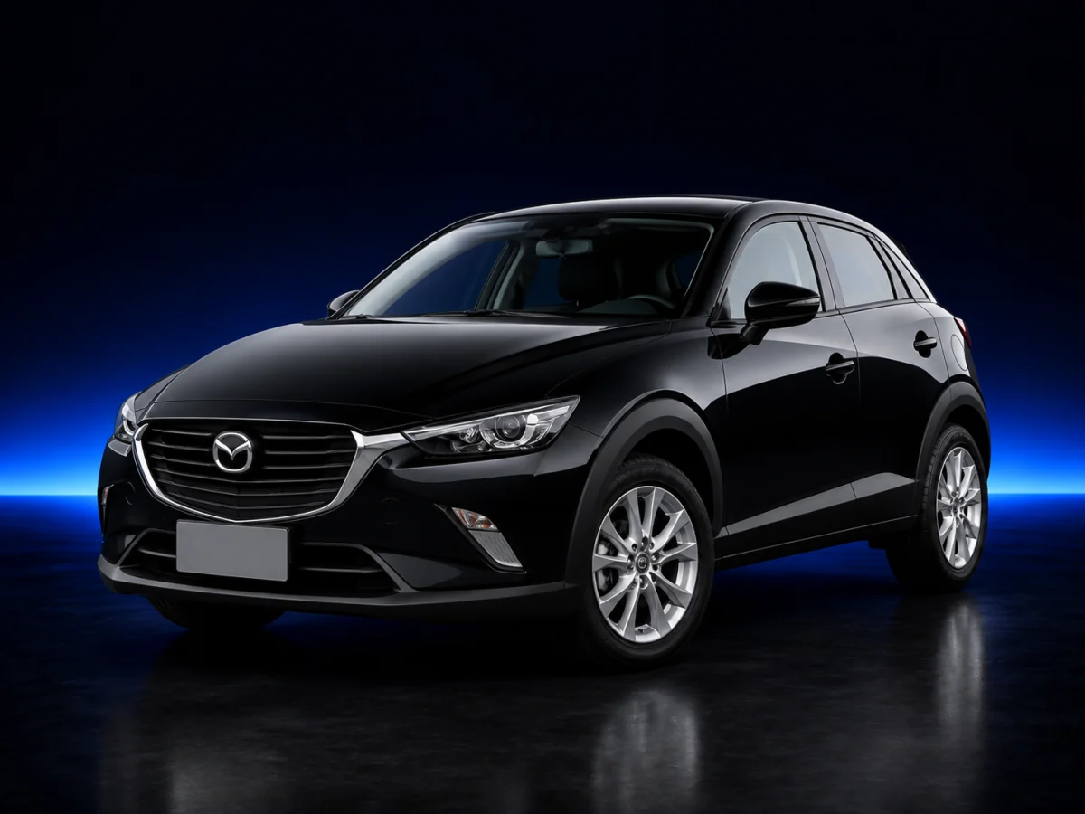 Black Mazda CX-3 DK5FW on a deep navy and cobalt studio background.