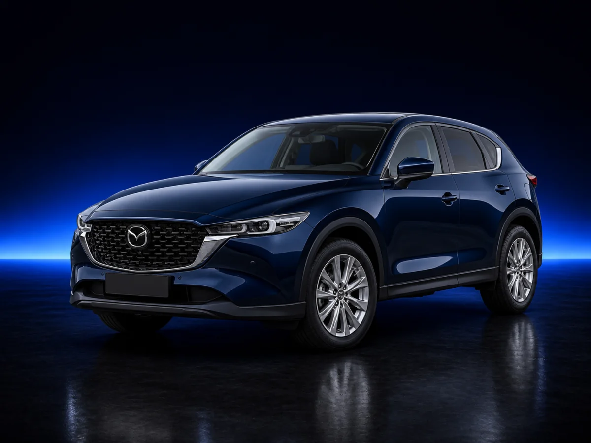 Dark blue Mazda CX-5 KF on a deep navy and cobalt studio background.