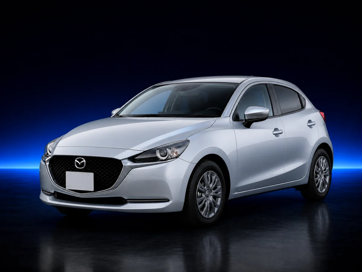 Silver Mazda Mazda2 DJ hatchback on a deep navy and cobalt studio background.