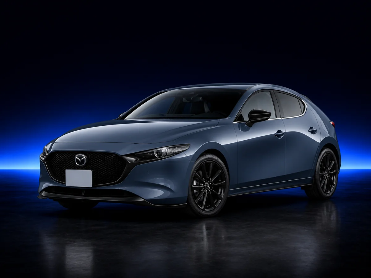 Blue-grey Mazda Mazda3 BP fastback on a deep navy and cobalt studio background.