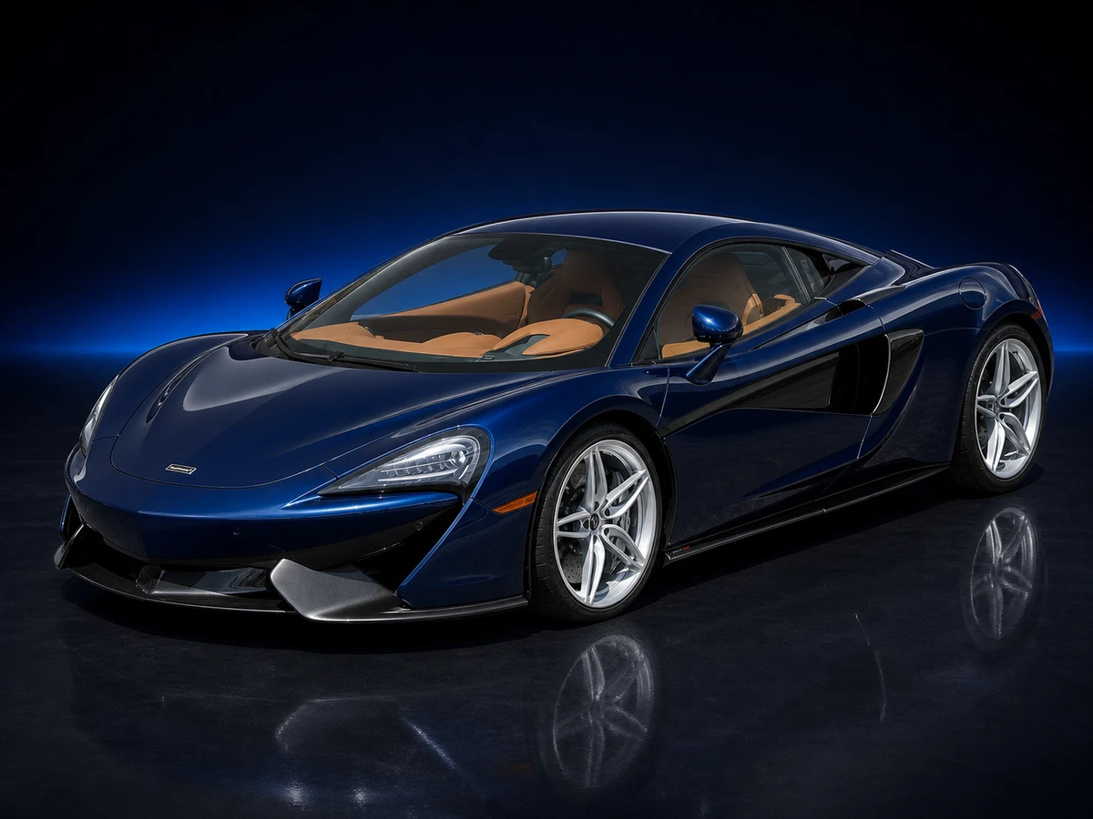 Blue McLaren 570S coupé on a deep navy and cobalt studio background.