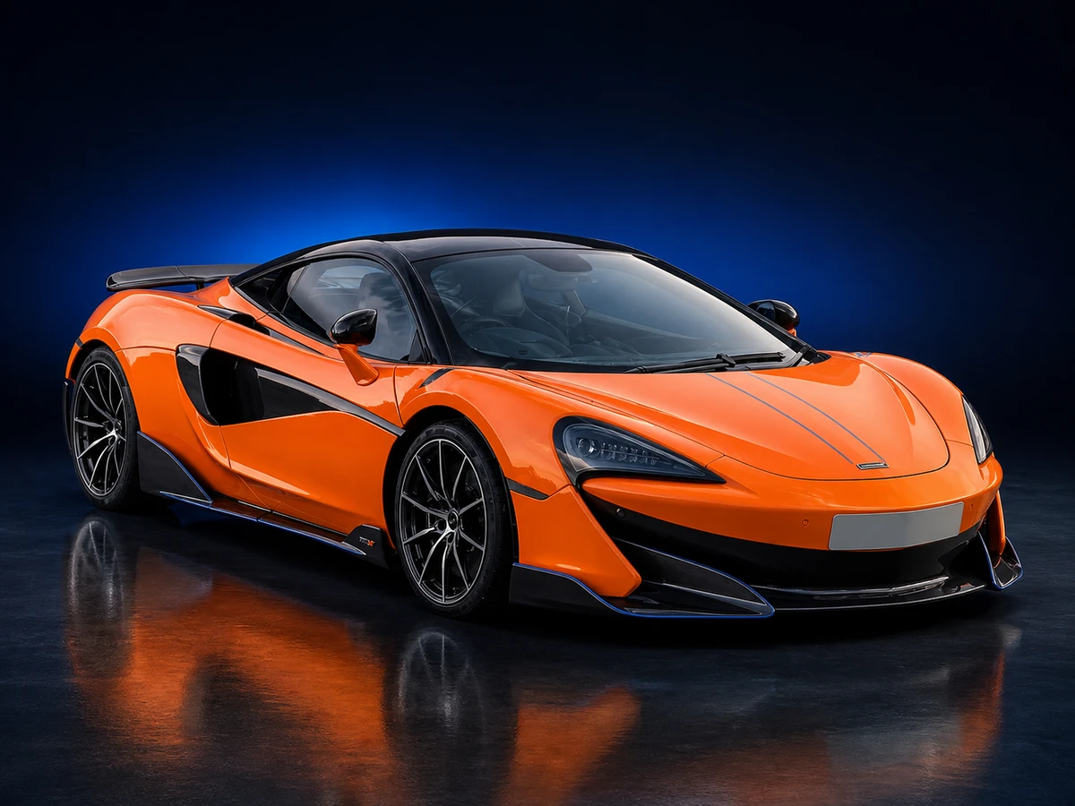 Orange McLaren 600LT coupé on a deep navy and cobalt studio background.