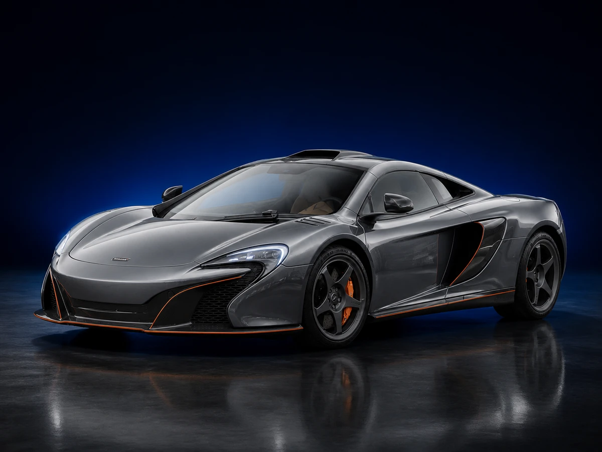Silver McLaren 650S coupé on a deep navy and cobalt studio background.