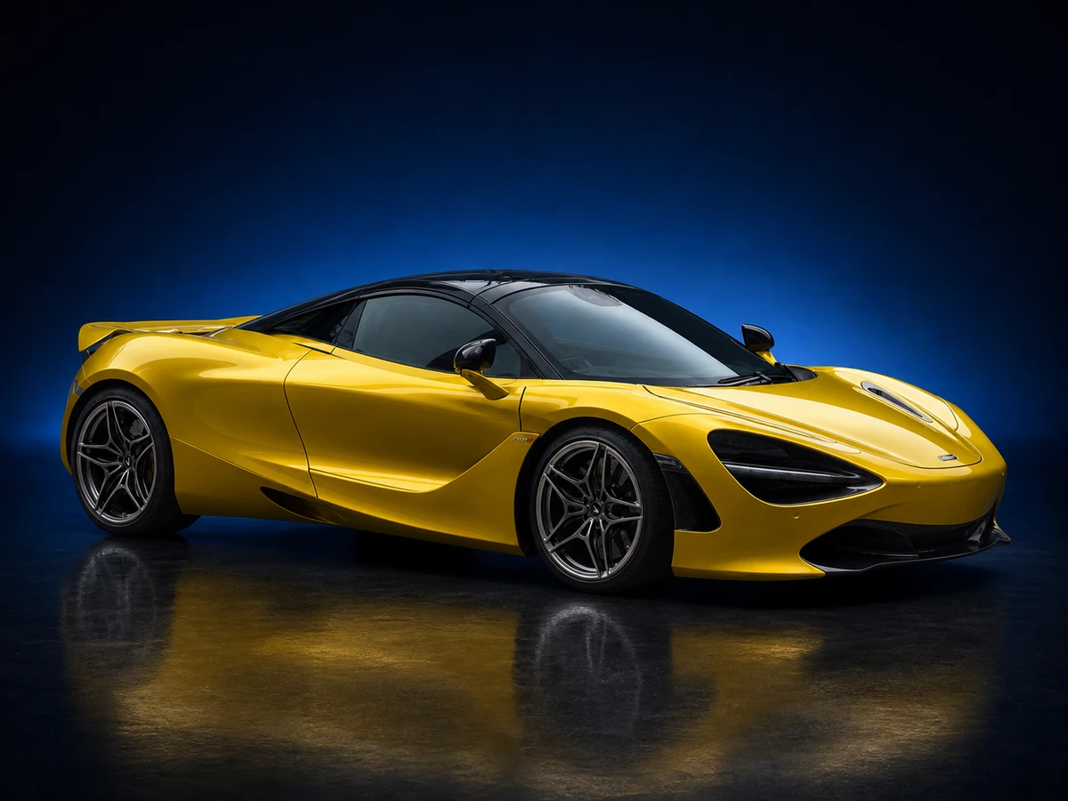 Yellow McLaren 720S coupé on a deep navy and cobalt studio background.