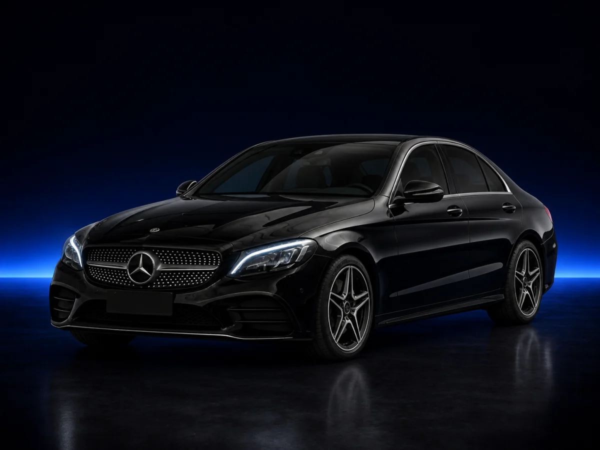 Black Mercedes-Benz C-Class W205 C 200 4MATIC saloon viewed from the front three-quarter angle.