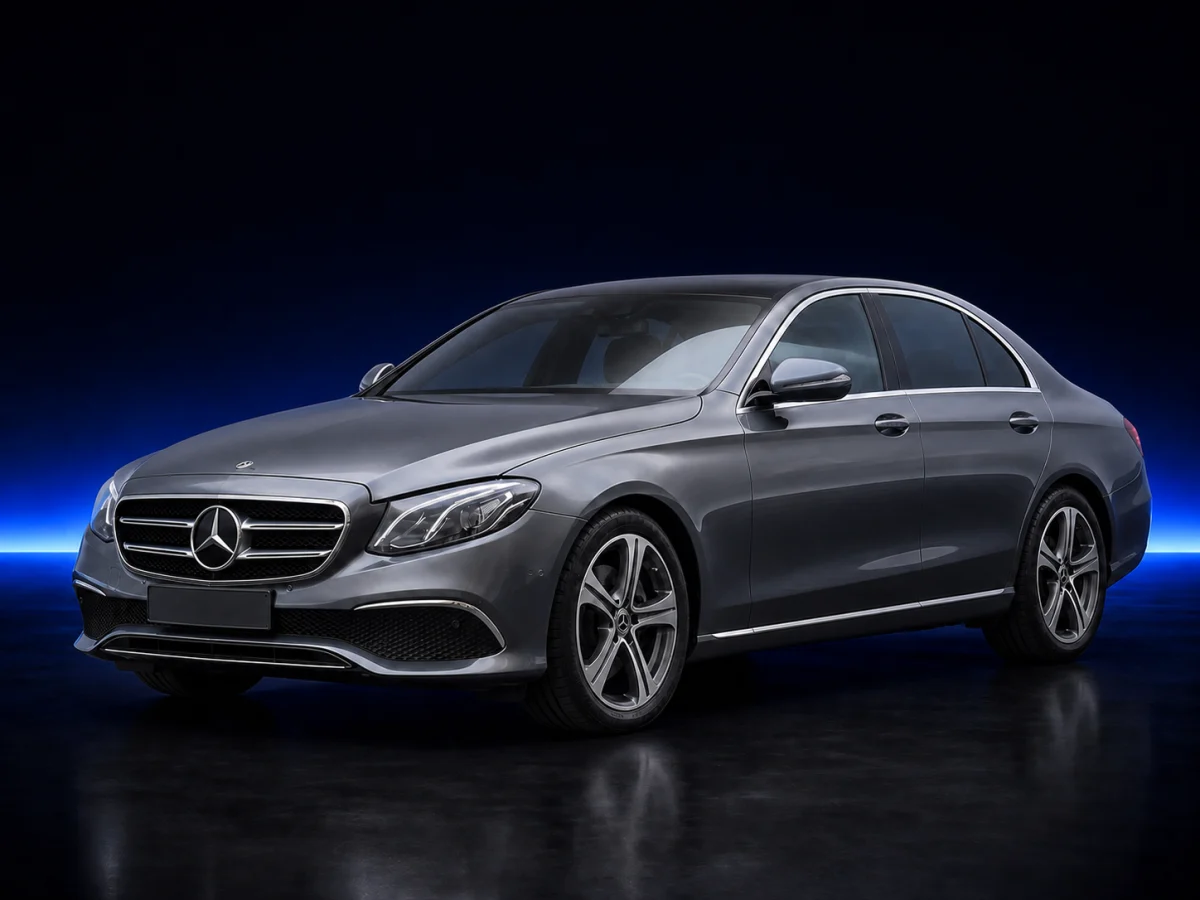 Grey Mercedes-Benz E-Class W213 E 220d saloon viewed from the front three-quarter angle.