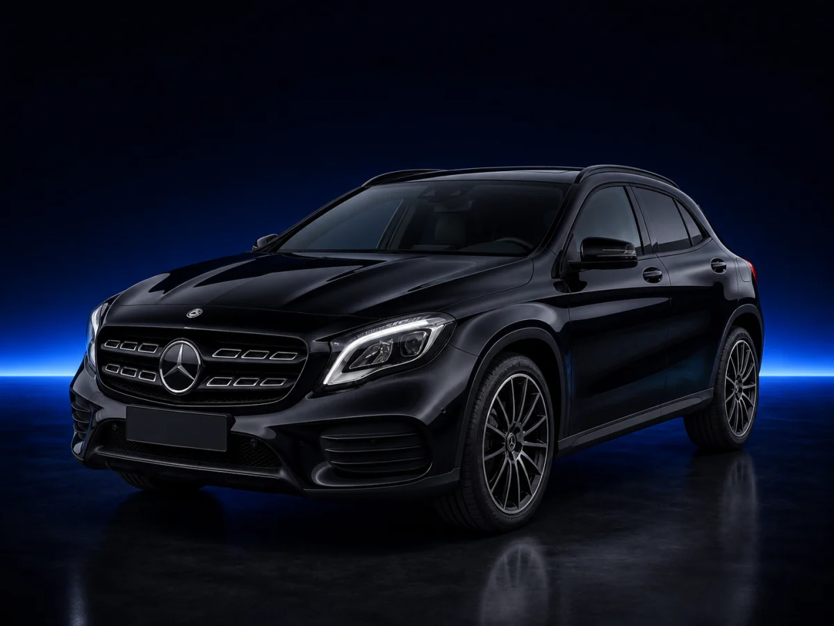 Black Mercedes-Benz GLA X156 GLA 250 4MATIC viewed from the front three-quarter angle.