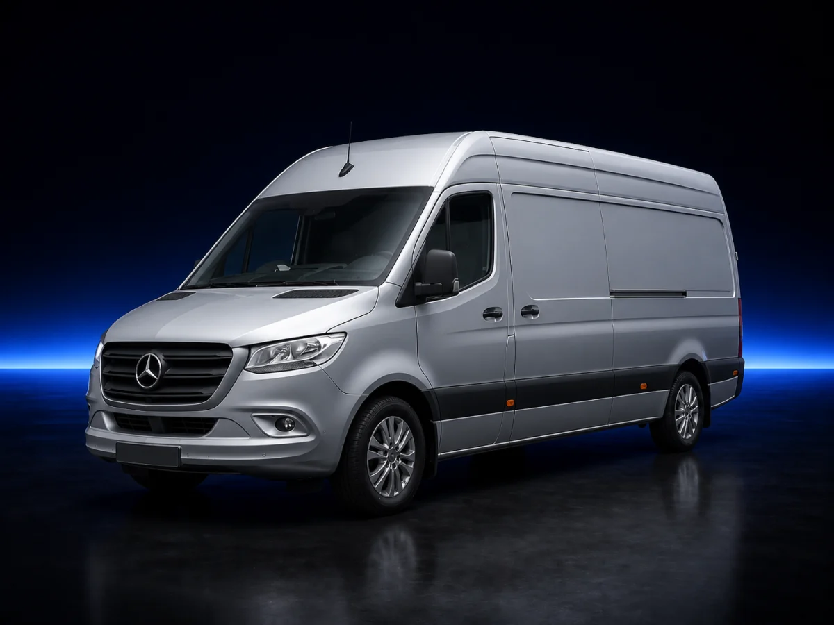 Silver Mercedes-Benz Sprinter W907 314 CDI panel van viewed from the front three-quarter angle.