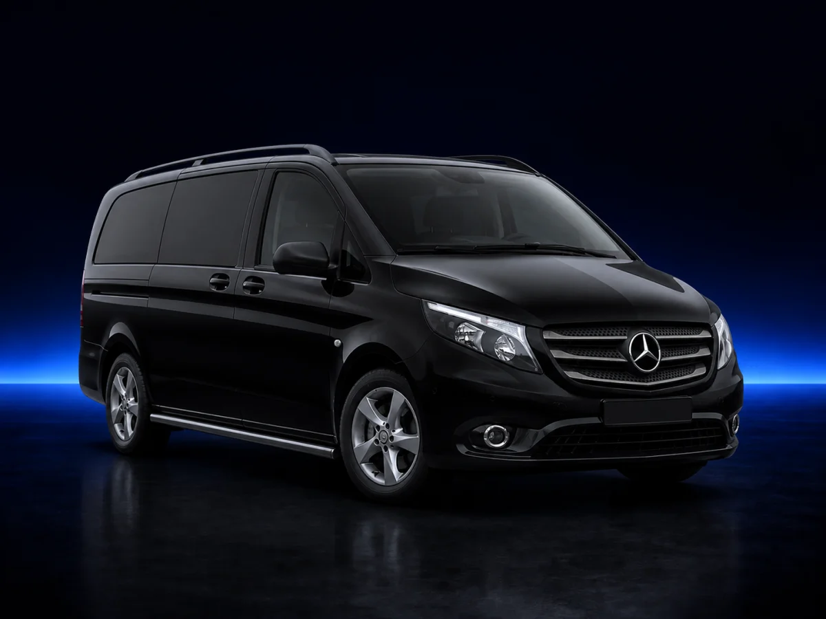 Black Mercedes-Benz Vito W447 119 Sport viewed from the front three-quarter angle.