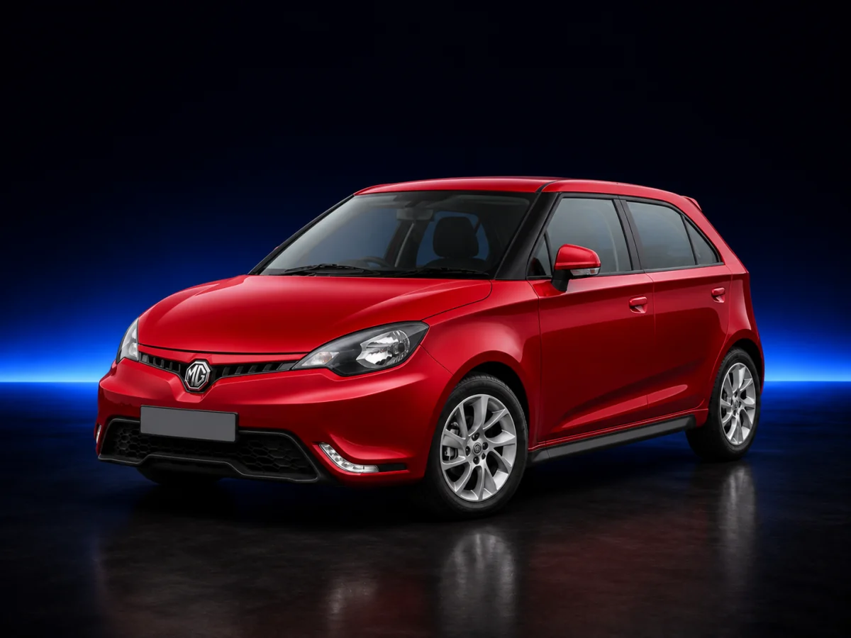 Red MG 3 facelift on a deep navy and cobalt studio background.