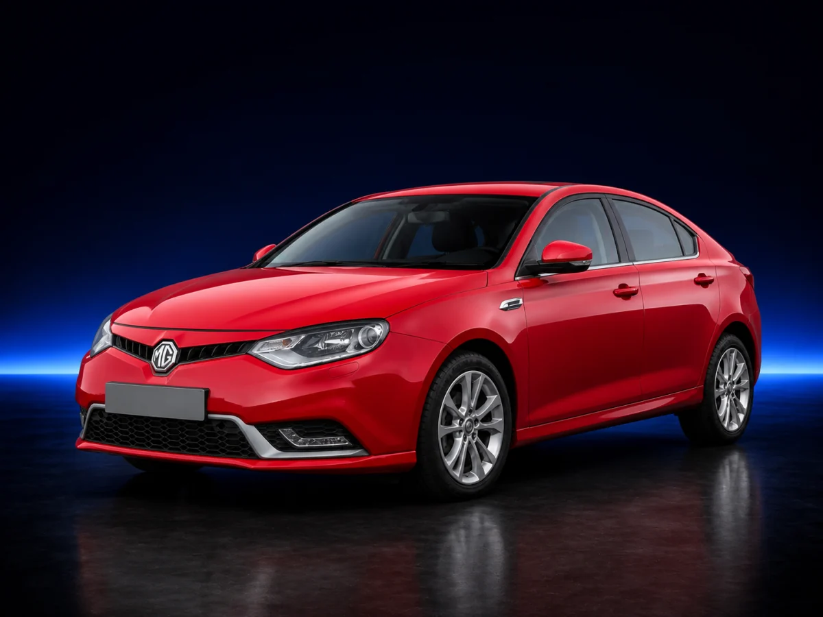 Red MG MG6 facelift on a deep navy and cobalt studio background.