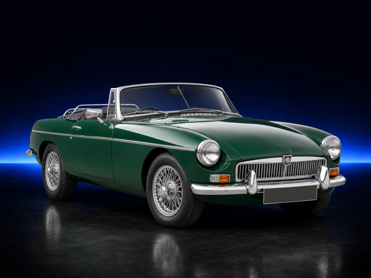 Green MG MGB Mk II roadster on a deep navy and cobalt studio background.
