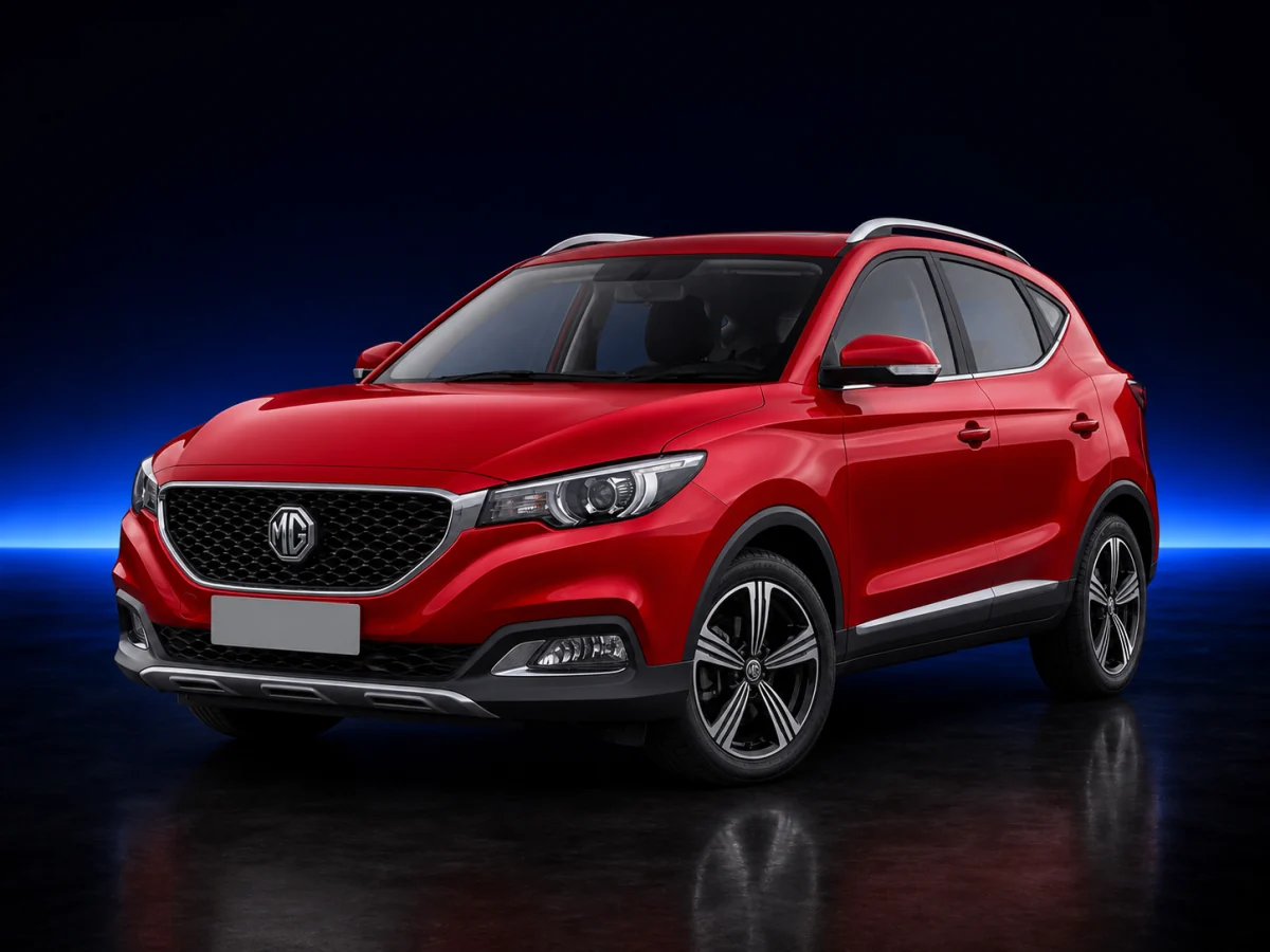 Red MG ZS Exclusive on a deep navy and cobalt studio background.
