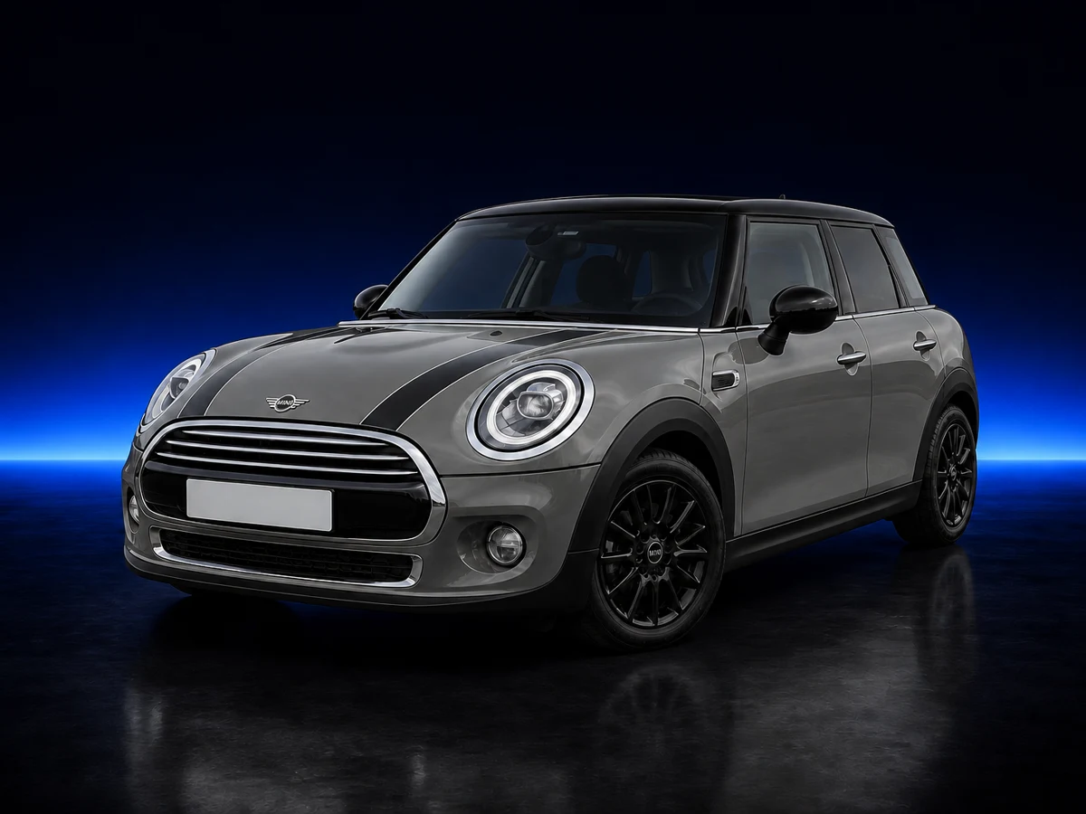 Grey Mini Cooper F55 on a deep navy and cobalt studio background.