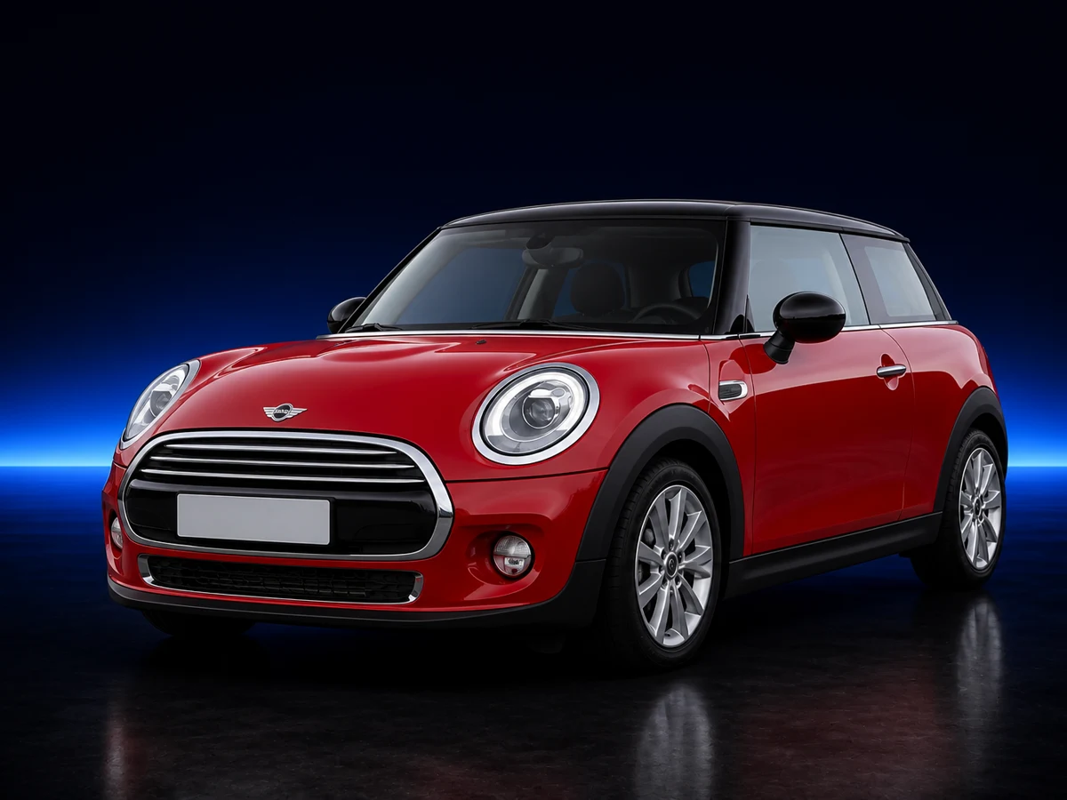 Red Mini Hatch F56 on a deep navy and cobalt studio background.