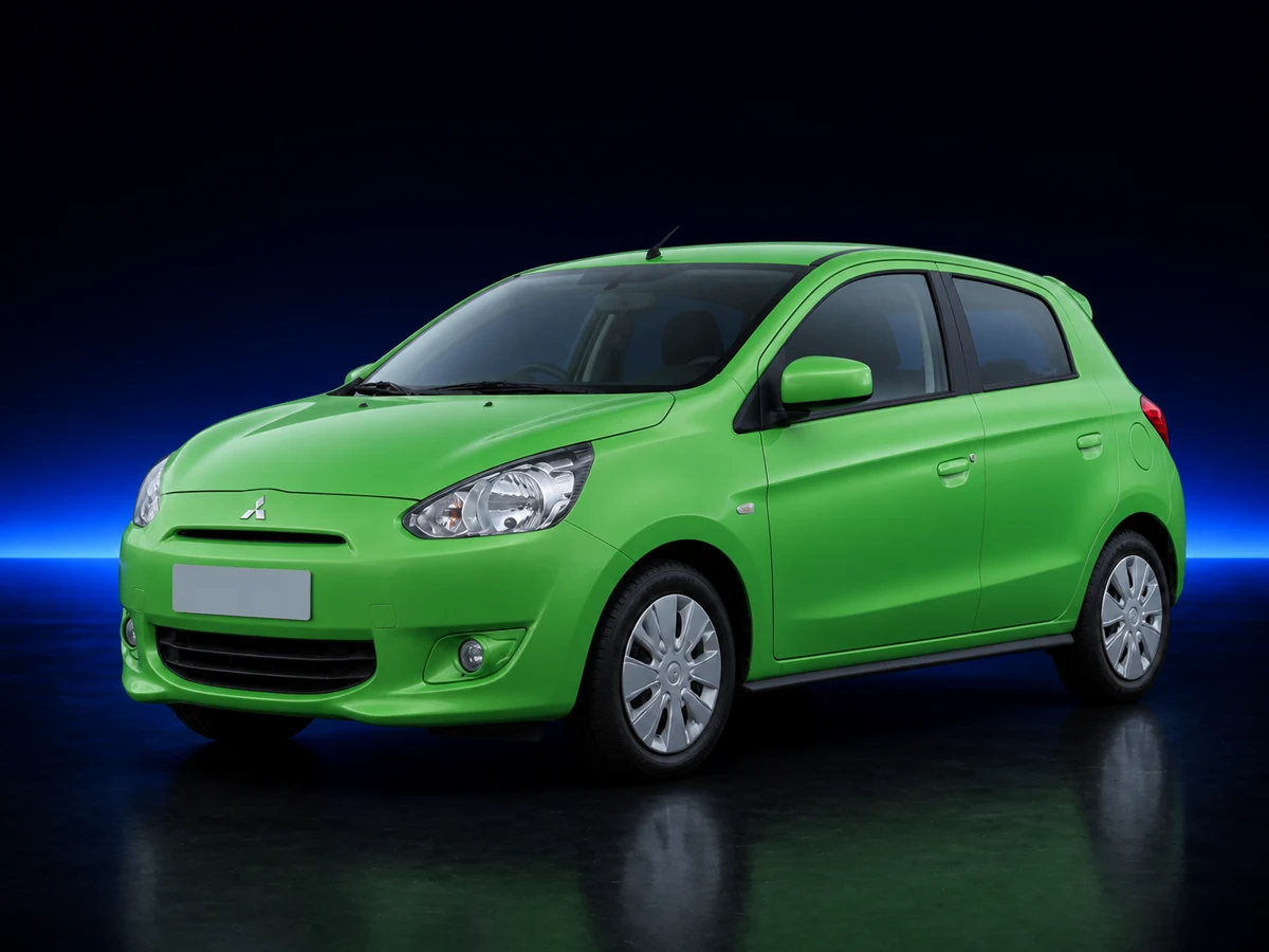 Green Mitsubishi Mirage sixth generation on a deep navy and cobalt studio background.