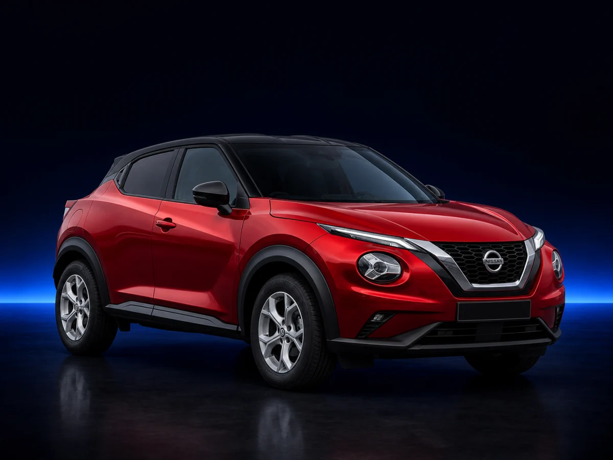 Red Nissan Juke F16 N-Connecta viewed from the front three-quarter angle.