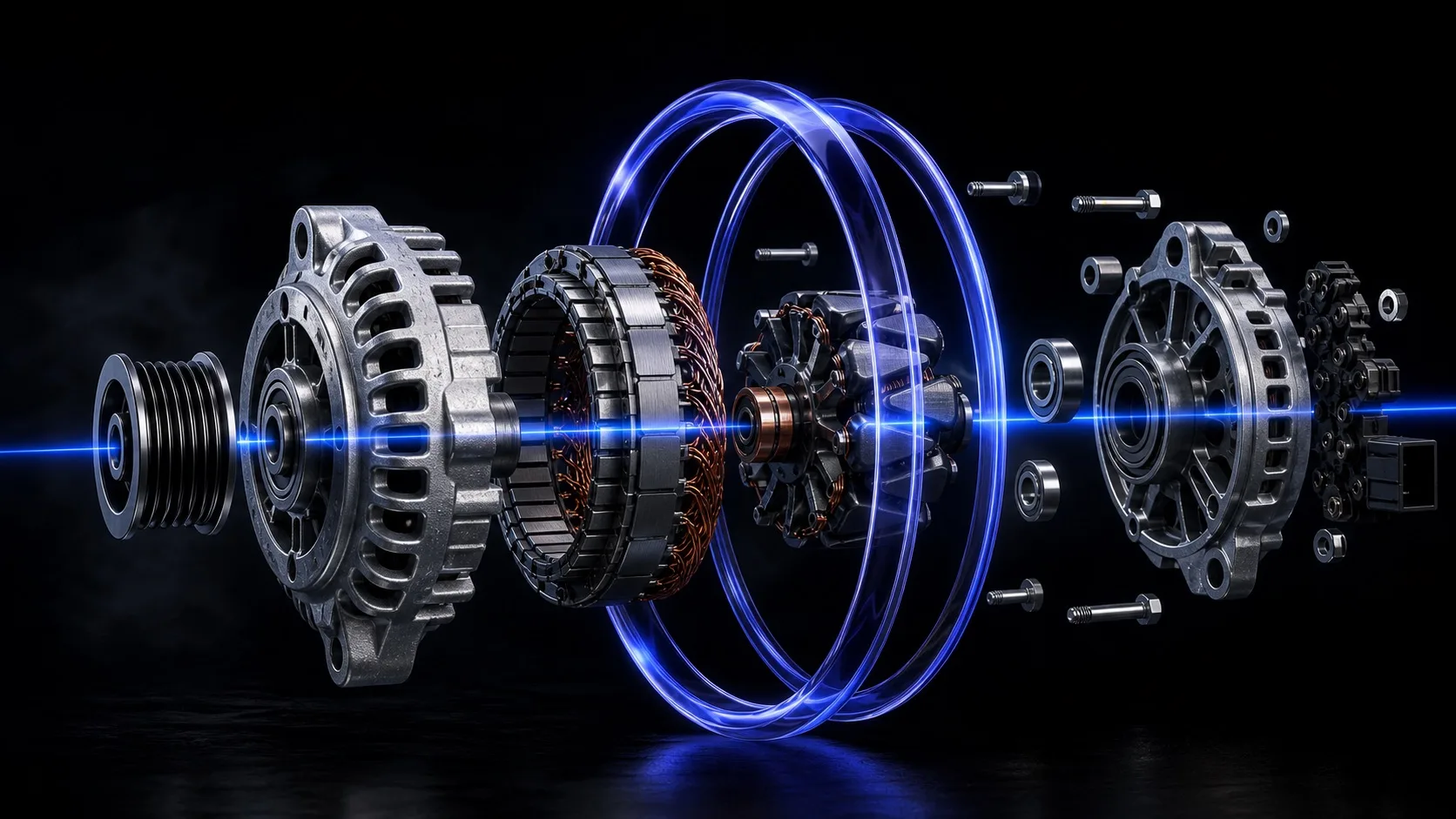 Exploded technical view of an automotive alternator assembly