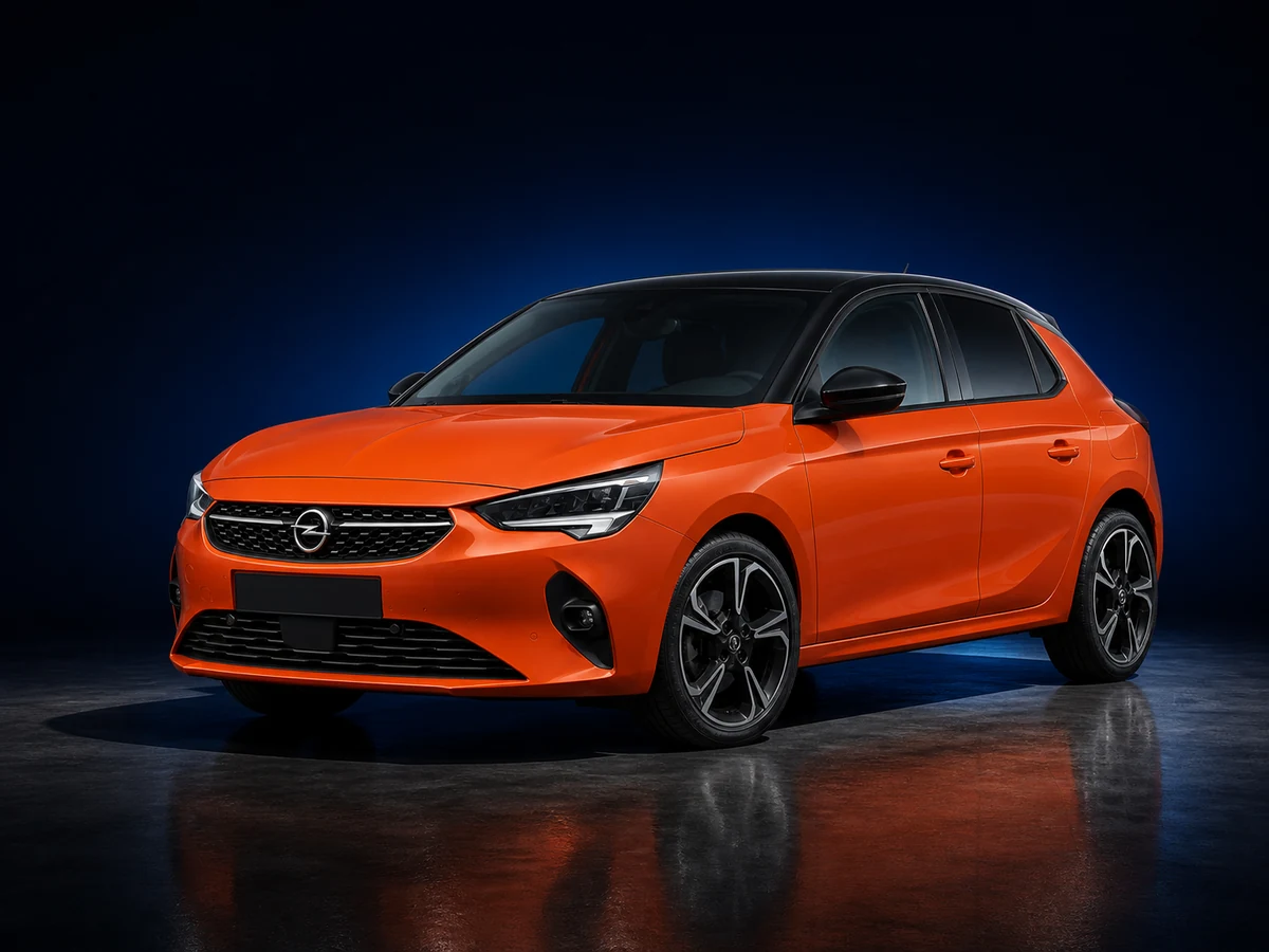 Orange Opel Corsa F hatchback on a deep navy and cobalt studio background.