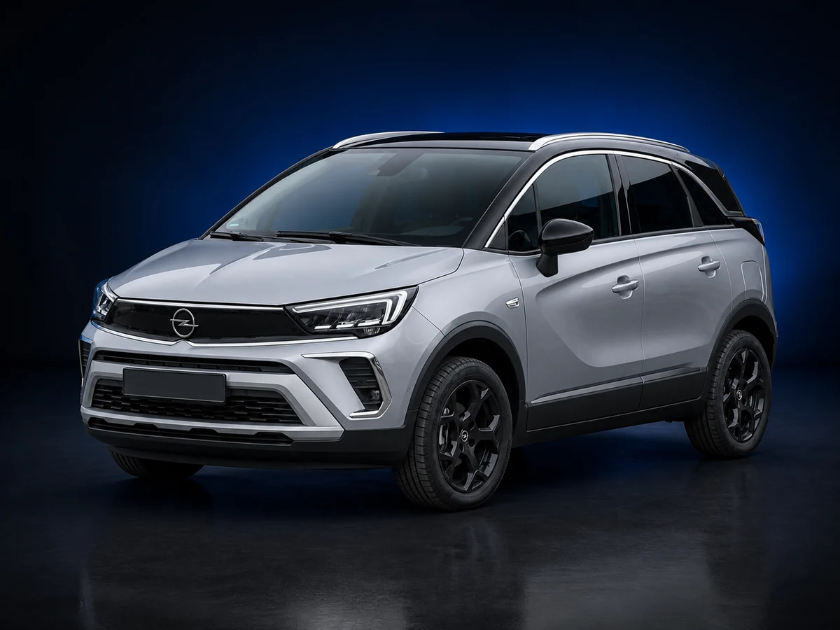 Silver Opel Crossland facelift SUV on a deep navy and cobalt studio background.