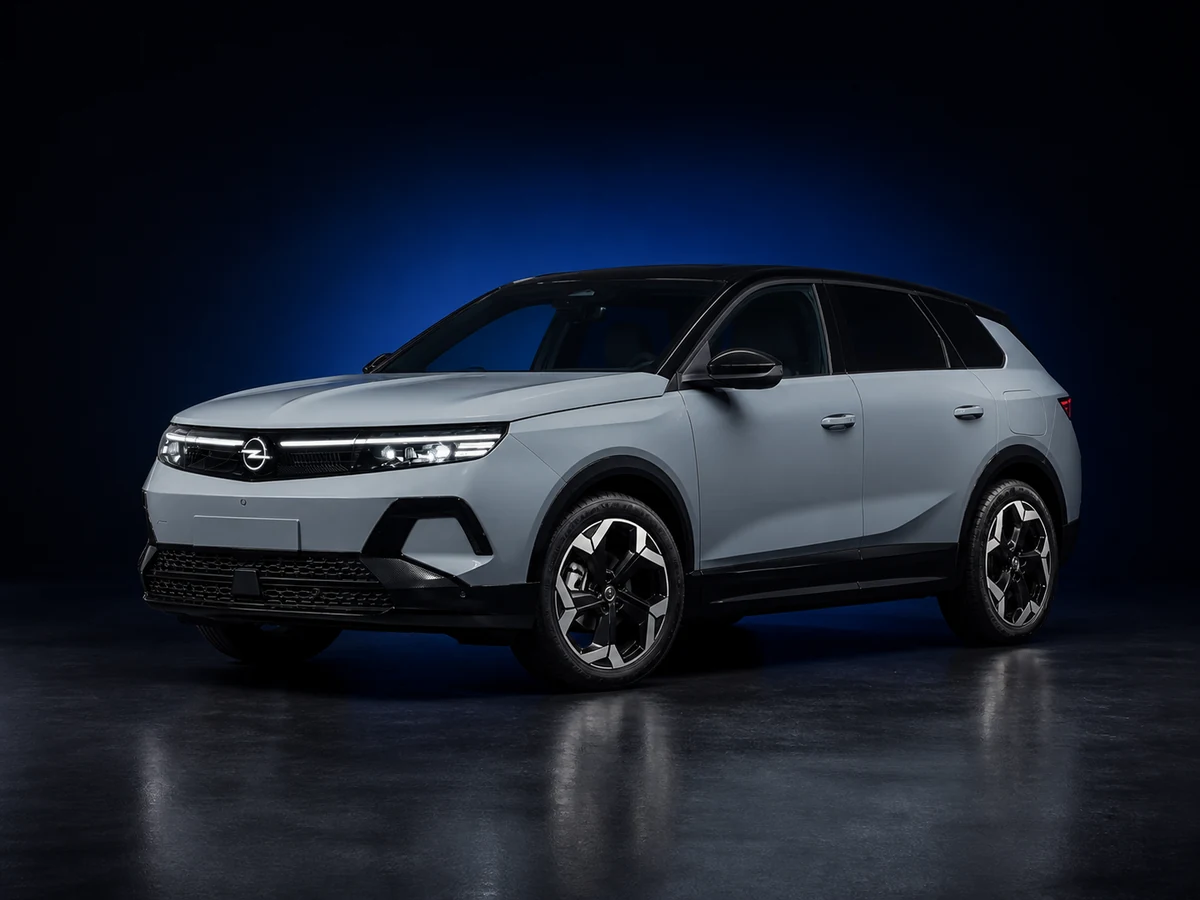 Grey Opel Grandland B 4x4 SUV on a deep navy and cobalt studio background.