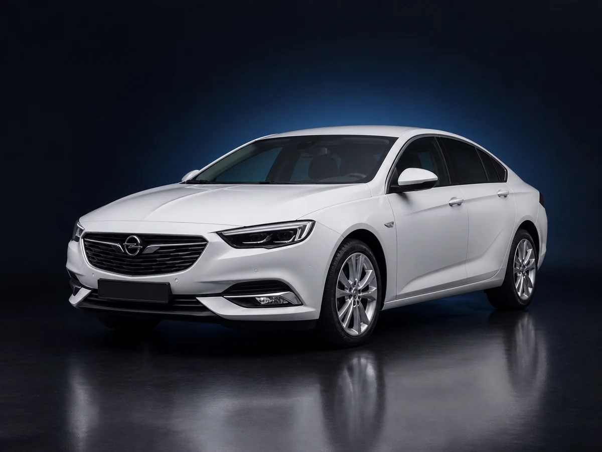 White Opel Insignia B Grand Sport liftback on a deep navy and cobalt studio background.