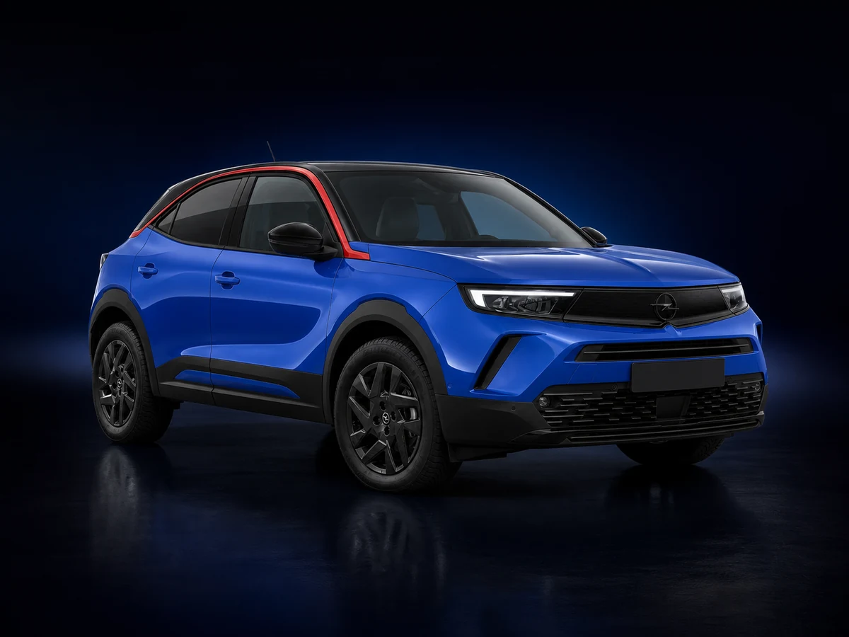 Blue Opel Mokka B SUV on a deep navy and cobalt studio background.