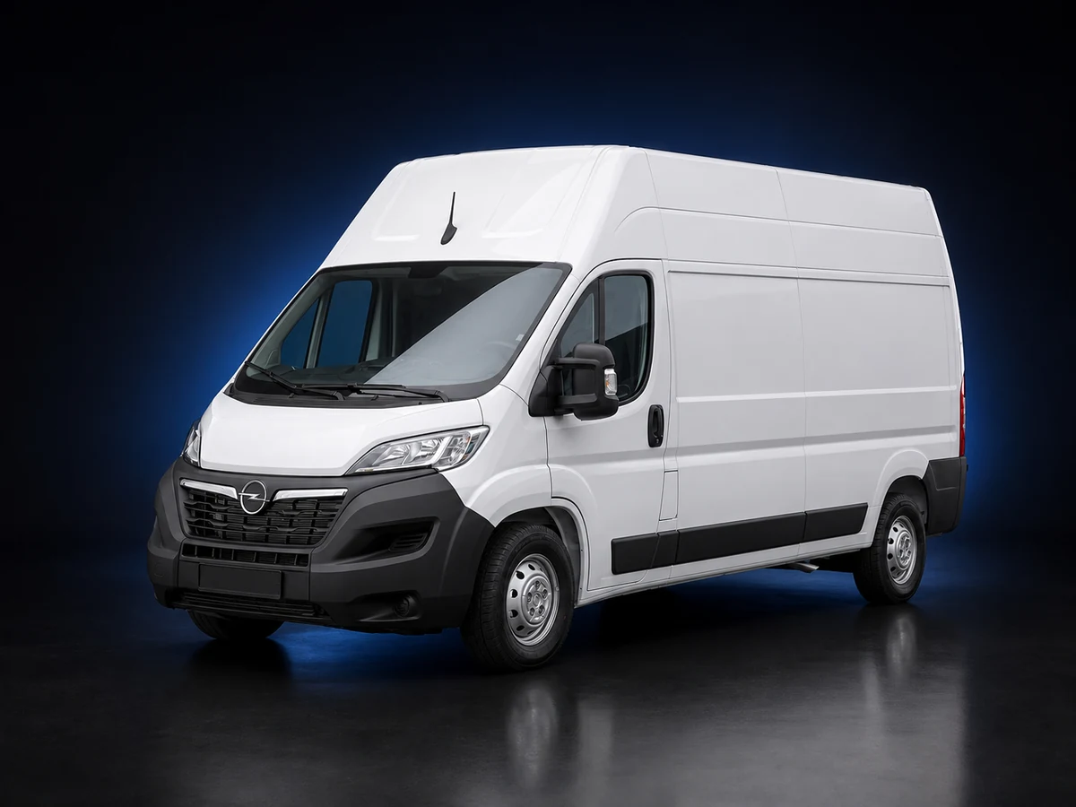 White Opel Movano C high-roof panel van on a deep navy and cobalt studio background.