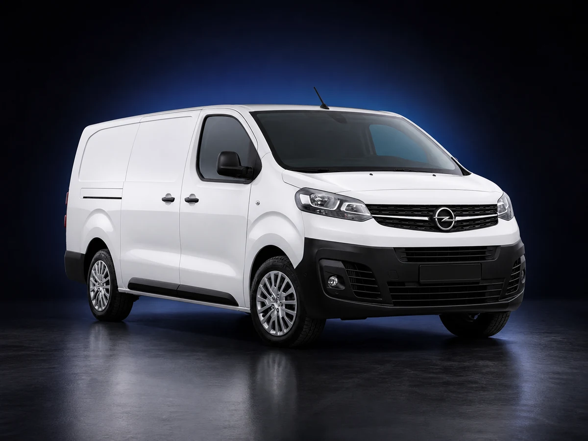 White Opel Vivaro C cargo panel van on a deep navy and cobalt studio background.