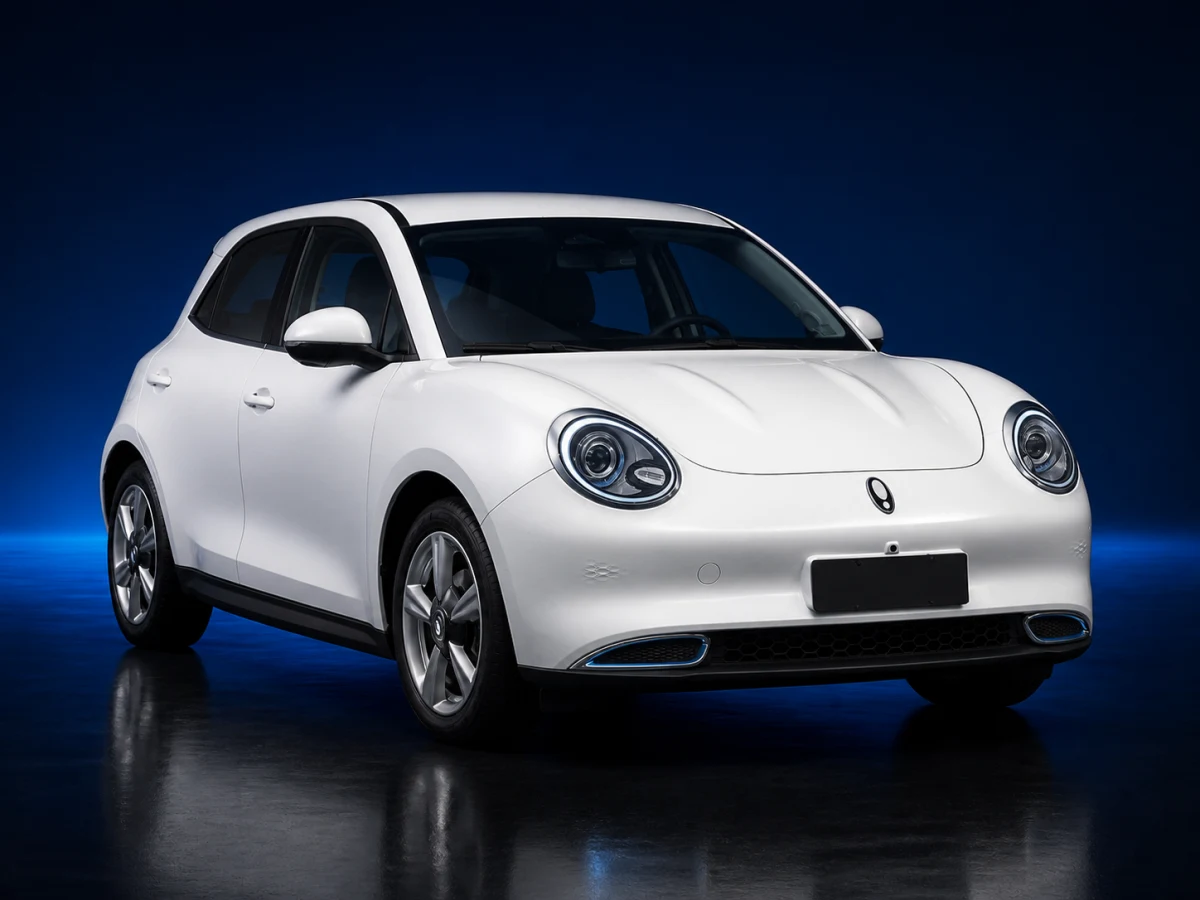 White first-generation Ora 03 electric hatchback on a deep navy and cobalt studio background.