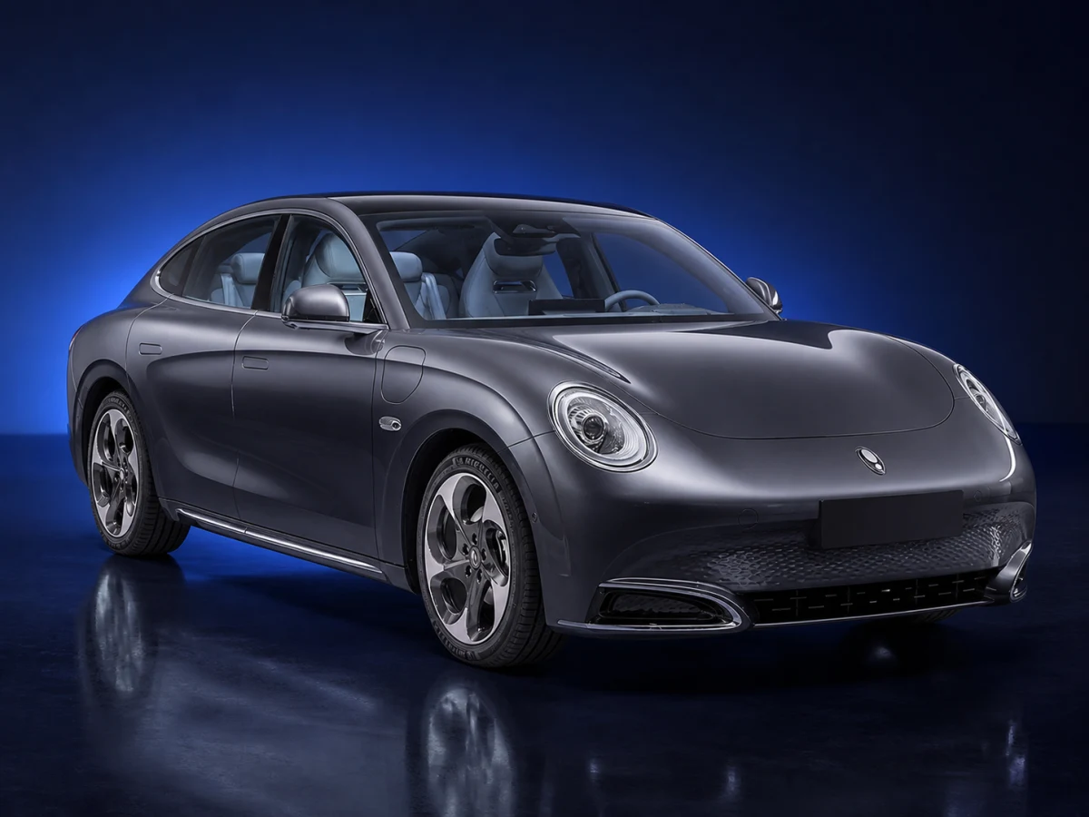 Graphite first-generation Ora 07 electric fastback saloon on a deep navy and cobalt studio background.