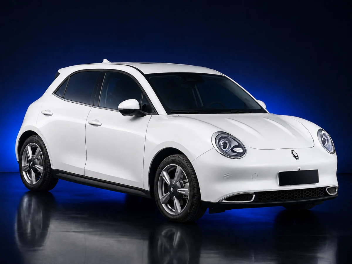 White first-generation Ora Funky Cat electric hatchback on a deep navy and cobalt studio background.