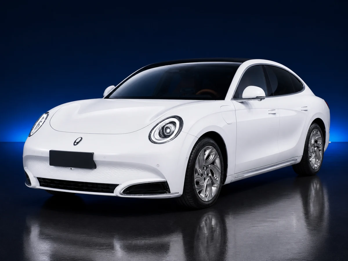 White first-generation Ora Lightning Cat electric fastback saloon on a deep navy and cobalt studio background.